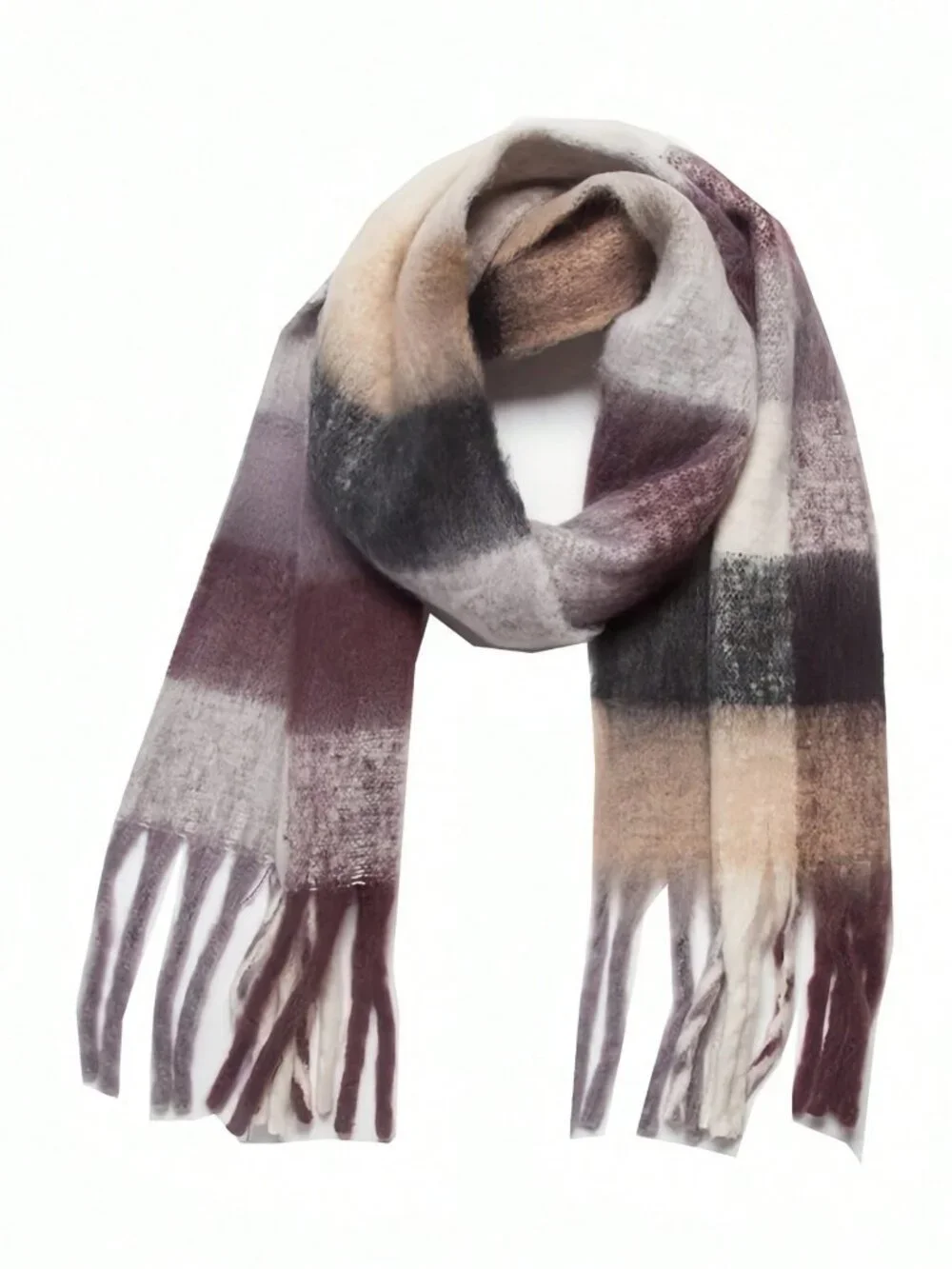 Cozy Warm Plaid Women's oblong tassel Fuzzy Scarf